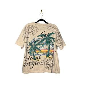 90s Vintage Mens Caribbean Graphic Tee Large Gray Palm Trees Tropical T Shirt